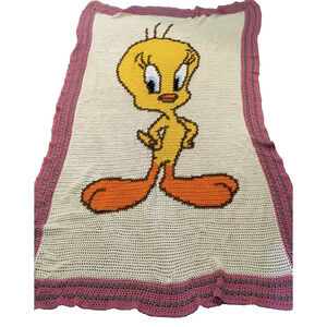 Tweety Bird Vtg Handmade Knit‎ Crochet Baby Blanket Throw Nursery 40" X 70"